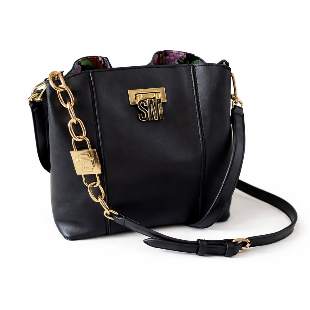 Steve Madden Barrie Black Shoulder Bag SM Logo Gold Hardware Satchel Crossbody